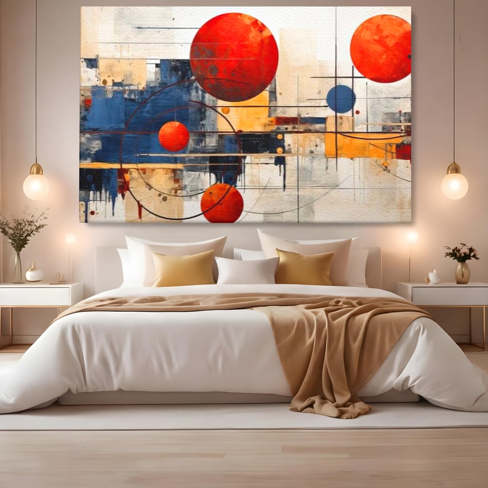 Tablou canvas cu pictura abstracta cu sfere rosii si orbite, fara rama, pe sasiu de lemn, pe perete intr-un dormitor